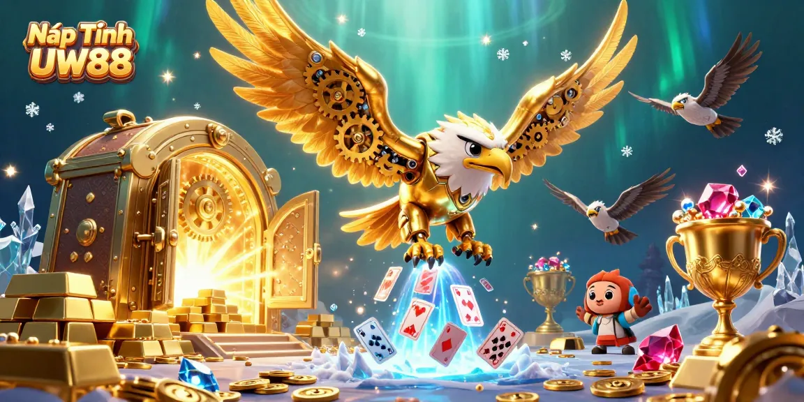 Experience the thrill of Nạp Tiền UW88 in a dynamic casino scene with golden treasures and holographic cards.
