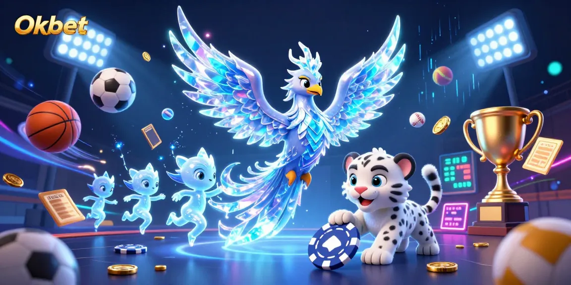 Oxbet showcases a dynamic 3D illustration with an ice phoenix, sports balls, and vibrant casino elements.