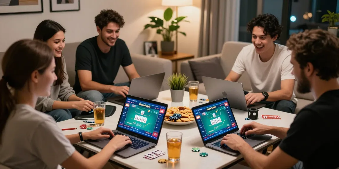 Dewapoker online poker gaming scene with friends in a lively home setting