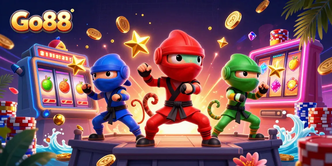 Spin the reels at Go88 while enjoying vibrant chameleon ninjas in a dynamic casino scene.
