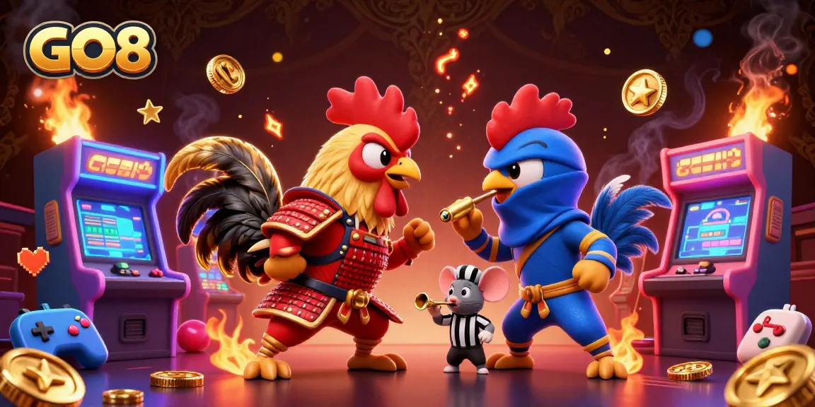 Engage with exciting gameplay at GO8 featuring dynamic rooster combat in a colorful casino setting.
