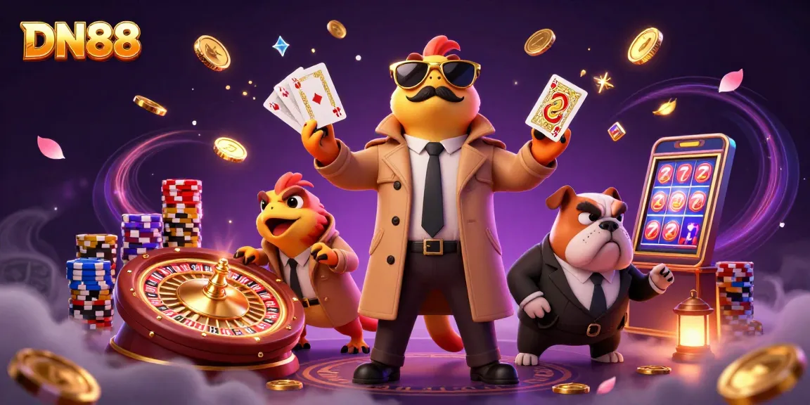 Immerse in DN88's thrilling casino experience with raptors, coins, and vibrant game elements.
