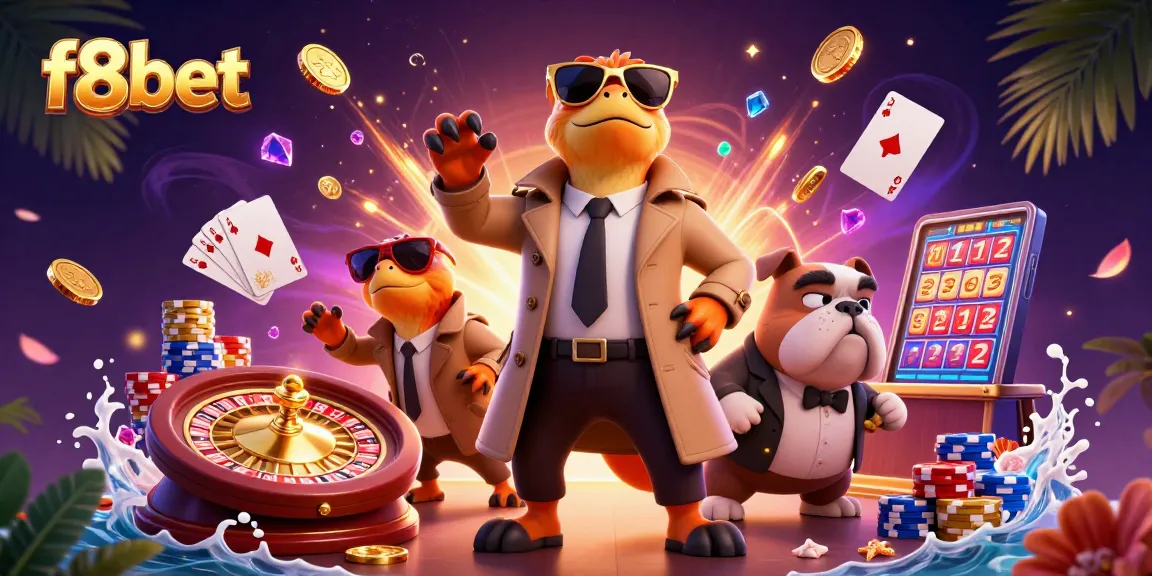 Engage with f8bet's vibrant casino scene featuring raptors in disguise and dynamic game elements.