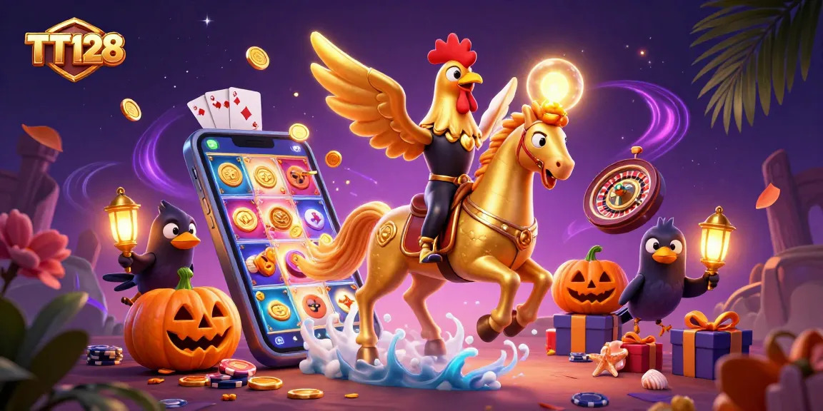 Experience TT128's vibrant casino world with a golden rooster and pumpkins, surrounded by exciting games.