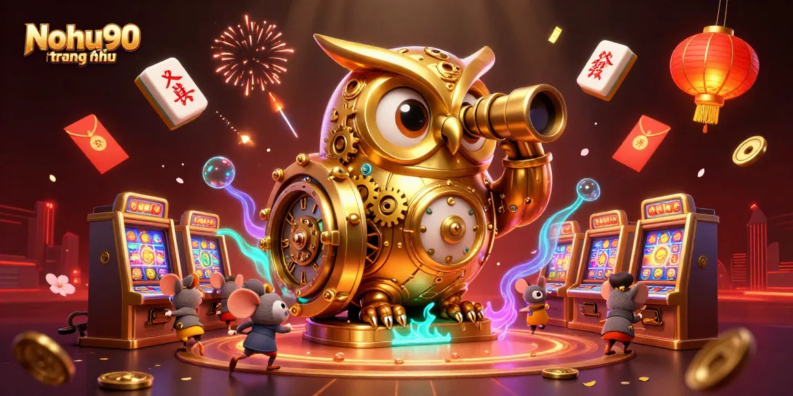 Nohu90 trang chủ showcases an ultra-detailed 3D illustration featuring a golden owl and dynamic casino elements for an engaging gambling experience.