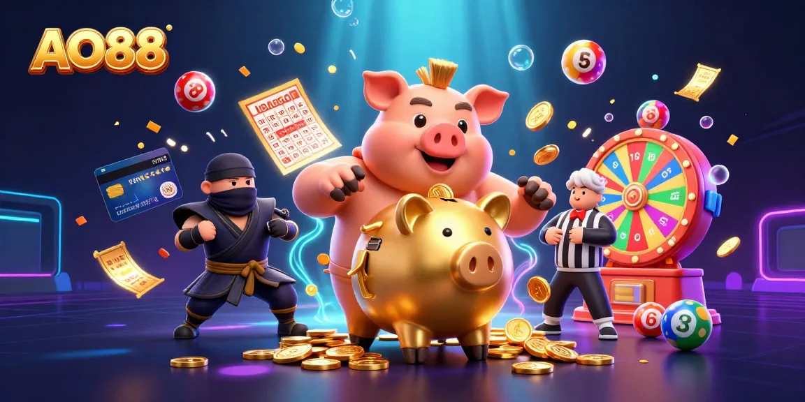 Engaging AO88 gaming scene with a golden piggy bank sumo wrestler capturing excitement with colorful lottery elements.