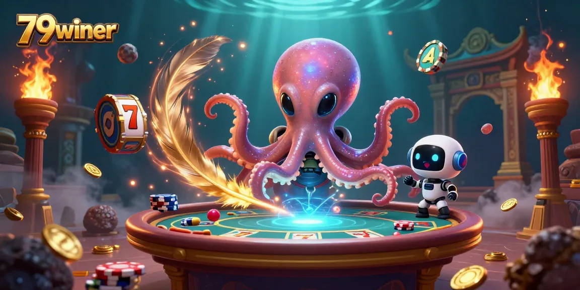 Engage in thrilling gameplay with 79winer at a holographic poker table surrounded by vibrant gaming elements.