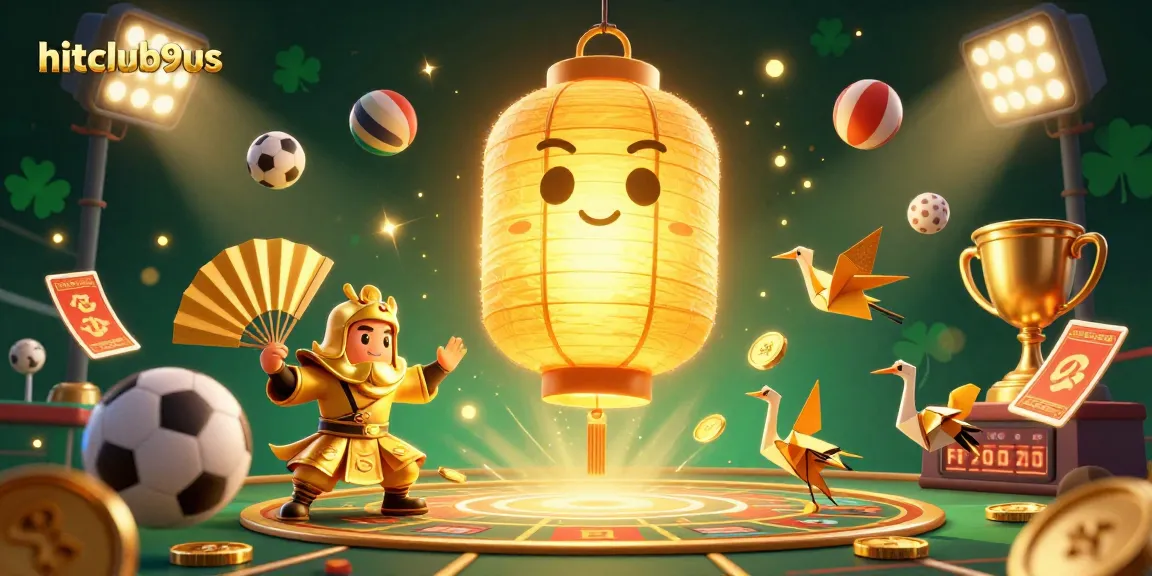 Engage with hitclub9us at a captivating casino with golden lantern spirits and dynamic sports elements.