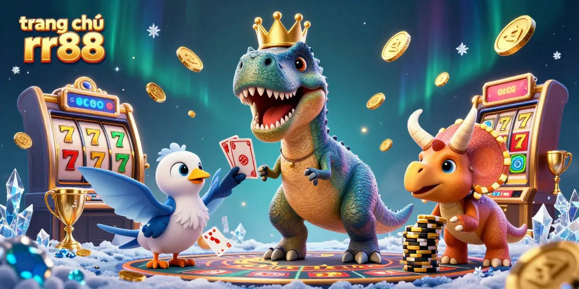 Experience the thrilling energy of trang chủ rr88, featuring a T-Rex and friends in a vibrant casino setting.