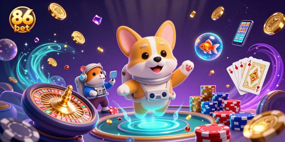 Experience thrill with 86 bet in a space casino, featuring playful corgis and stunning visuals.