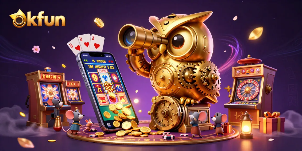 Play thrilling slot games at okfun with golden coins and vibrant casino elements.