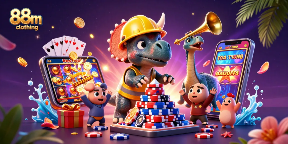 Join the fun of 88m clothing with a vibrant casino scene featuring a triceratops and unique gaming elements.