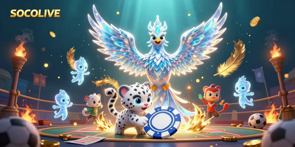 SOCOLIVE showcases a vibrant 3D scene of sports betting with an ice phoenix and dynamic animated sprites.