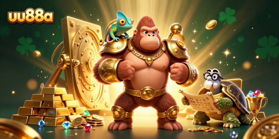 Experience thrilling wins with uu88a, featuring a powerful gorilla king amidst treasure and gems.