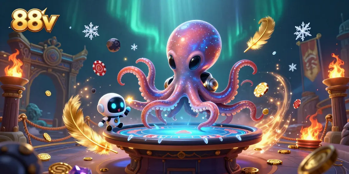 Engage in exciting gaming action at 88vv with a whimsical scene featuring an alien octopus at a holographic poker table.