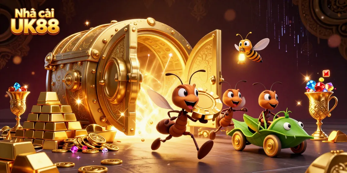 Experience the thrill of the heist at Nhà cái UK88 with excited ants and glowing treasures.