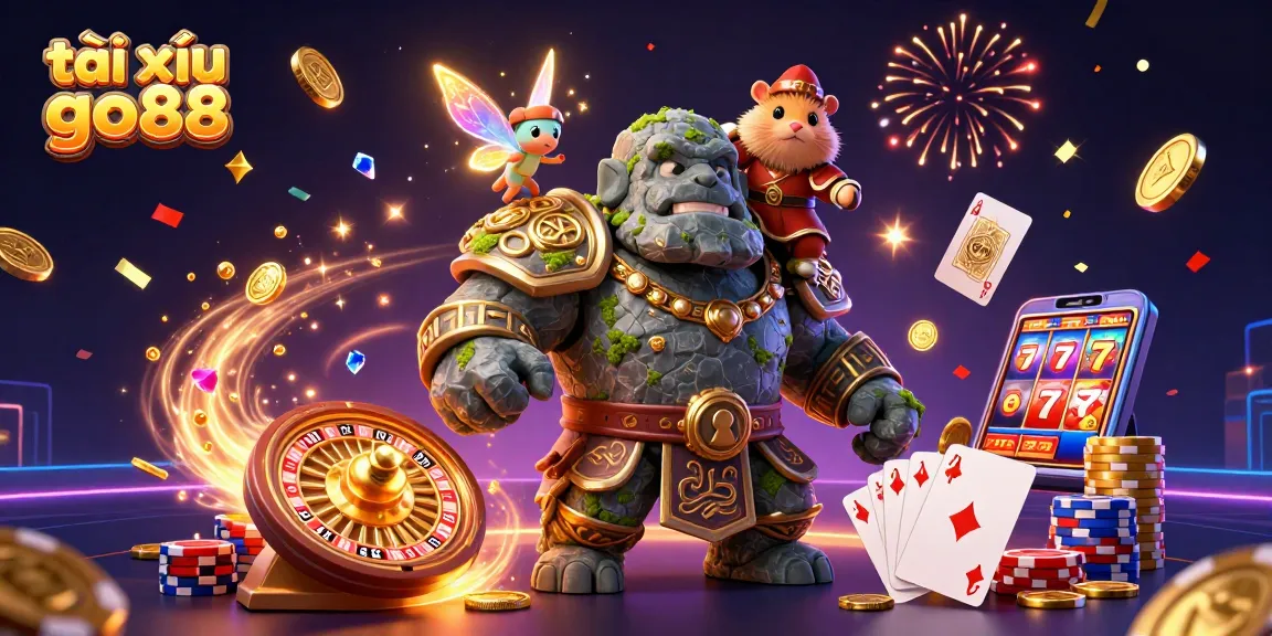 The ancient guardian and friends celebrate winning big at tài xỉu go88 with cascades of coins and magic.