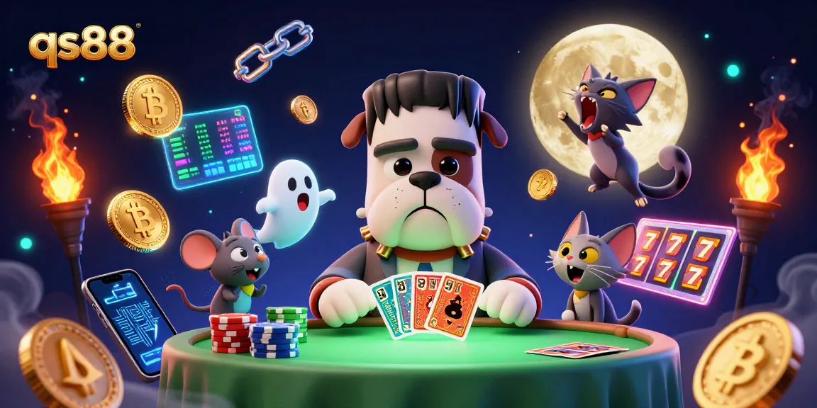 qs88 engages players at a spooky table with a Frankenstein bulldog dealer surrounded by glowing crypto coins