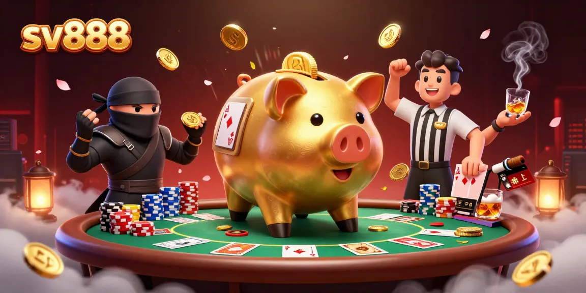Engage with sv888 in a vibrant 3D casino scene featuring a sumo wrestler and dynamic poker elements.
