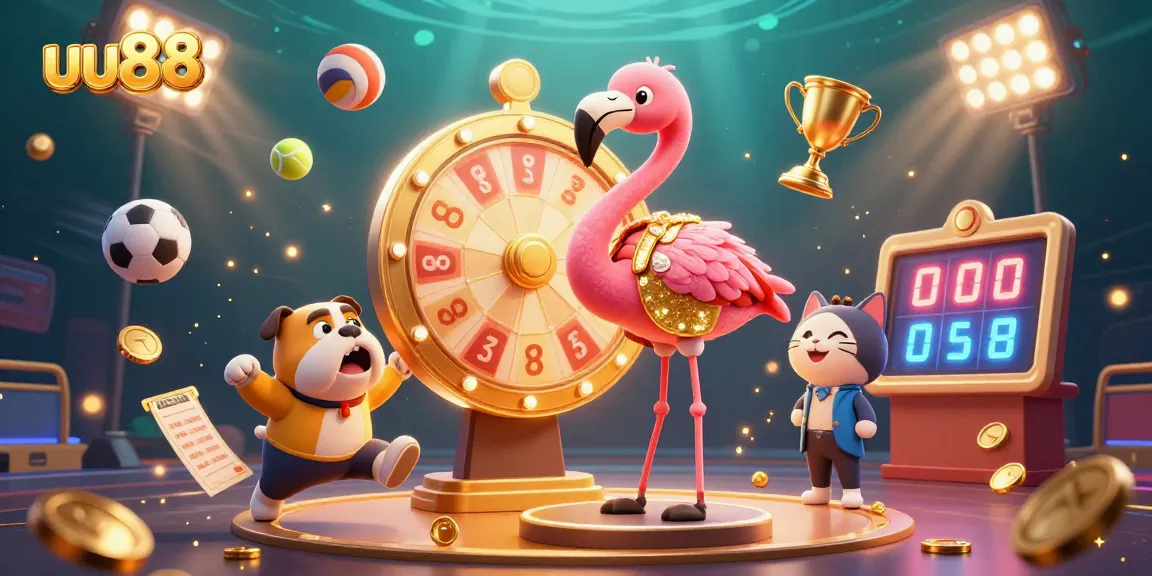 uu88 offers an exciting visual of a game show host flamingo and bulldog contestant amidst an electrifying scene of sports and gambling elements.