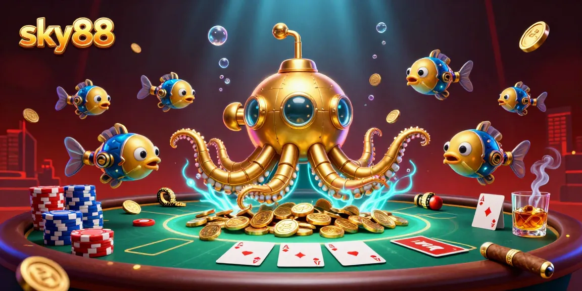 Engage with the sky88 experience through this vibrant casino illustration showcasing poker elements and a golden kraken.