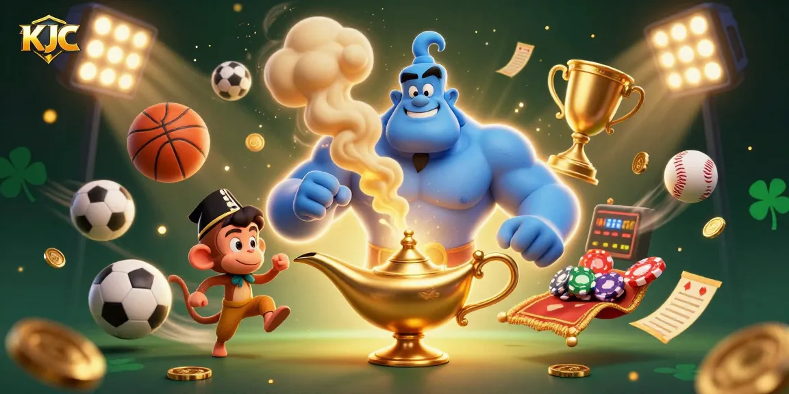 KJC showcases an energetic scene with a blue genie, poker chips, and dynamic sports elements during online gaming.