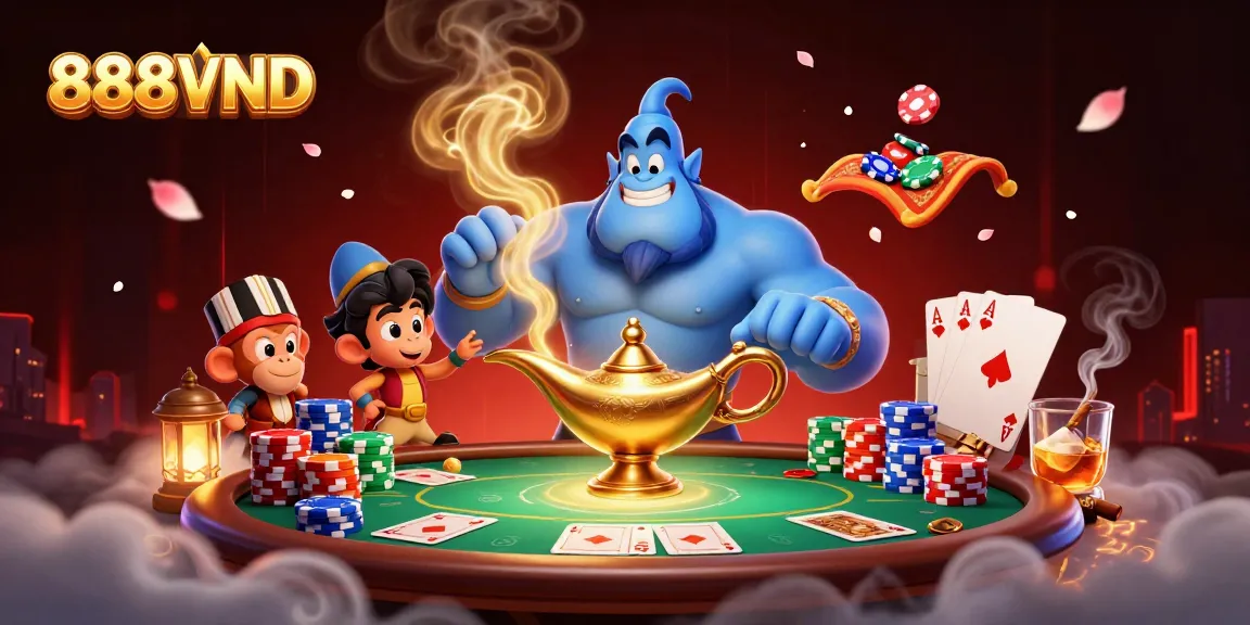 Engage with the thrilling 888VND casino scene featuring a dynamic genie and poker action.