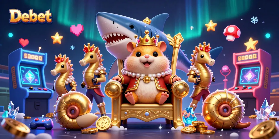 Debet showcases a vibrant 3D scene of a hamster king and gaming elements in a casino setting.