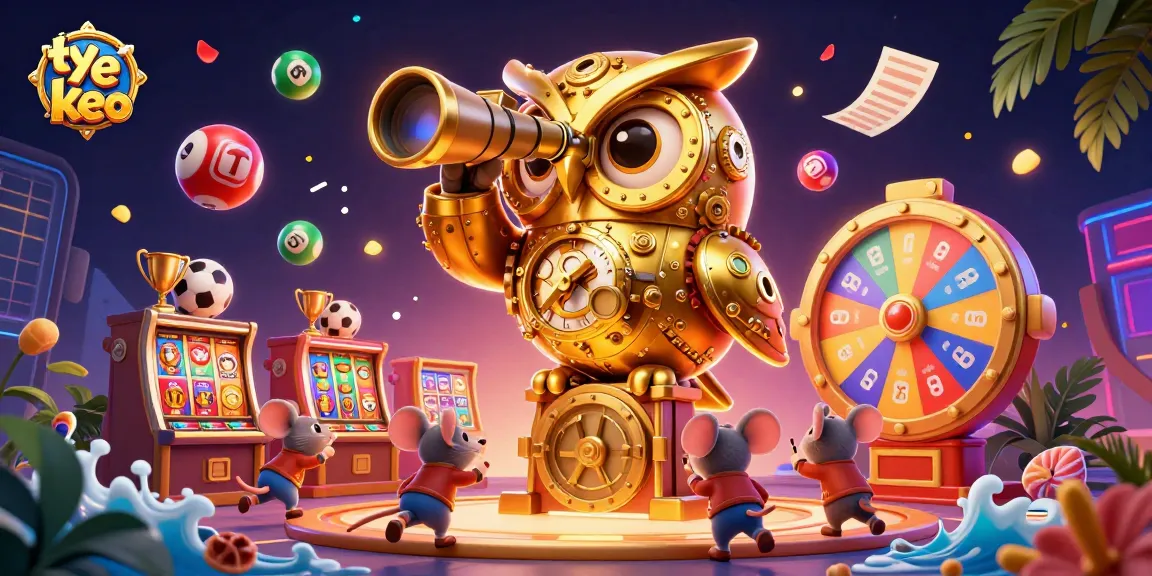 Experience the thrill of ty le keo with vibrant lottery balls and a golden owl watching over sports betting.