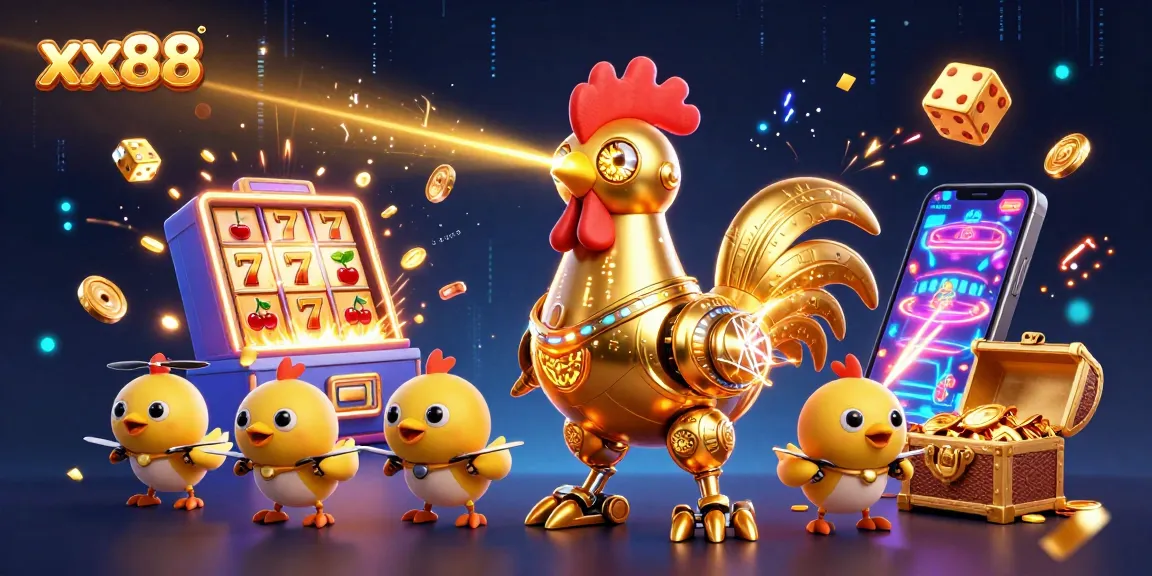Play exciting games at xx88 with a golden rooster robot and baby chicks, surrounded by casino symbols.