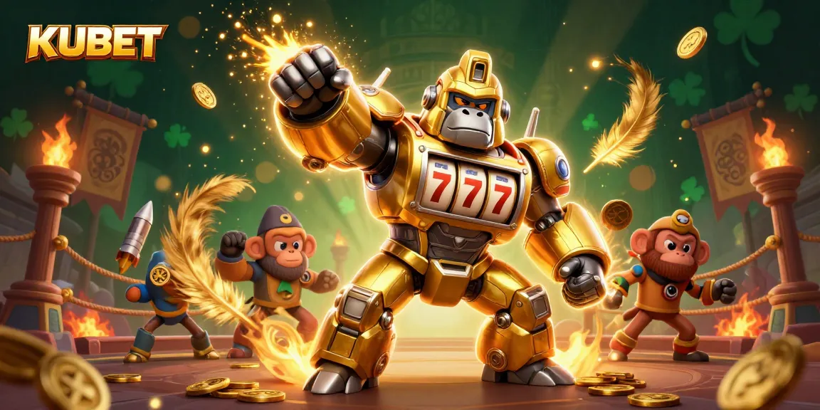 KUBET transforms gaming with a dynamic golden gorilla mech and coins flying in an exciting casino scene