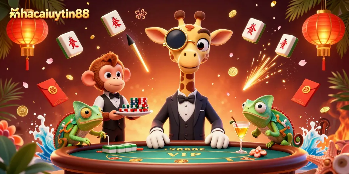 Engage with nhacaiuytin88's vibrant 3D casino scene featuring a high-roller giraffe and dynamic gaming elements.