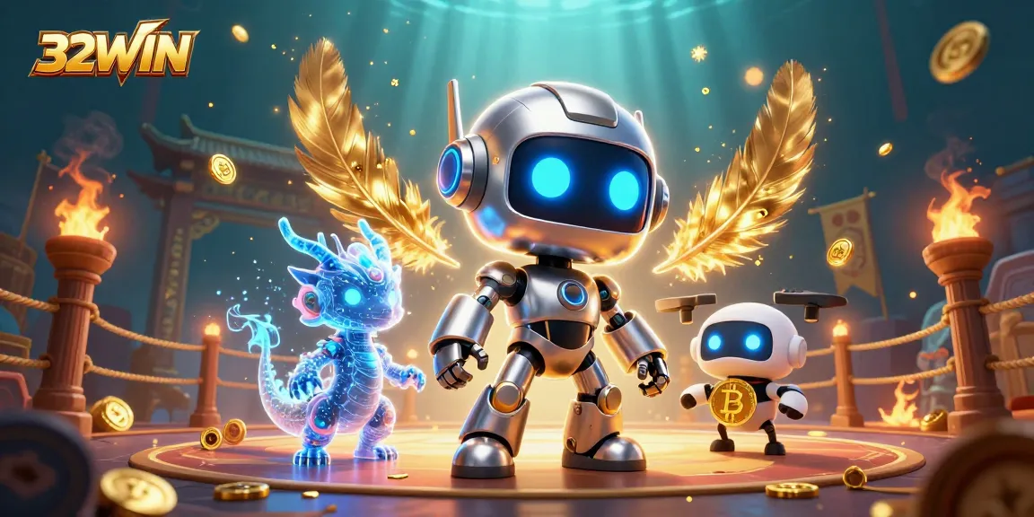 Experience excitement with 32WIN, featuring vibrant characters engaging in thrilling casino action amidst swirling golden elements.