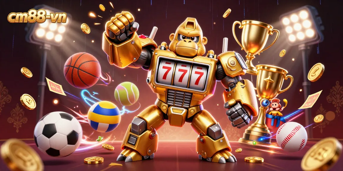 Experience excitement at cm88-vn with a dynamic gorilla mech, sports elements, and glowing trophies