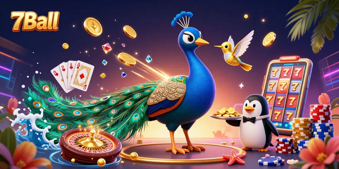 A mesmerizing 3D scene showcasing 7Ball with a colorful peacock, a butler penguin, and a hummingbird amidst casino elements.