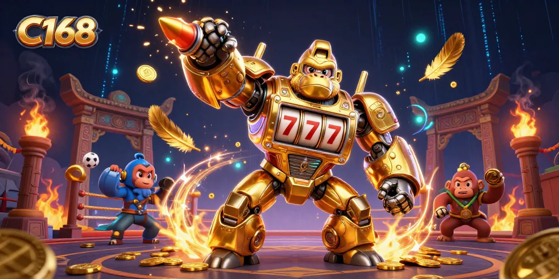 C168 creates an exciting online casino atmosphere with vibrant 3D visuals showcasing a golden gorilla mech and gaming elements.