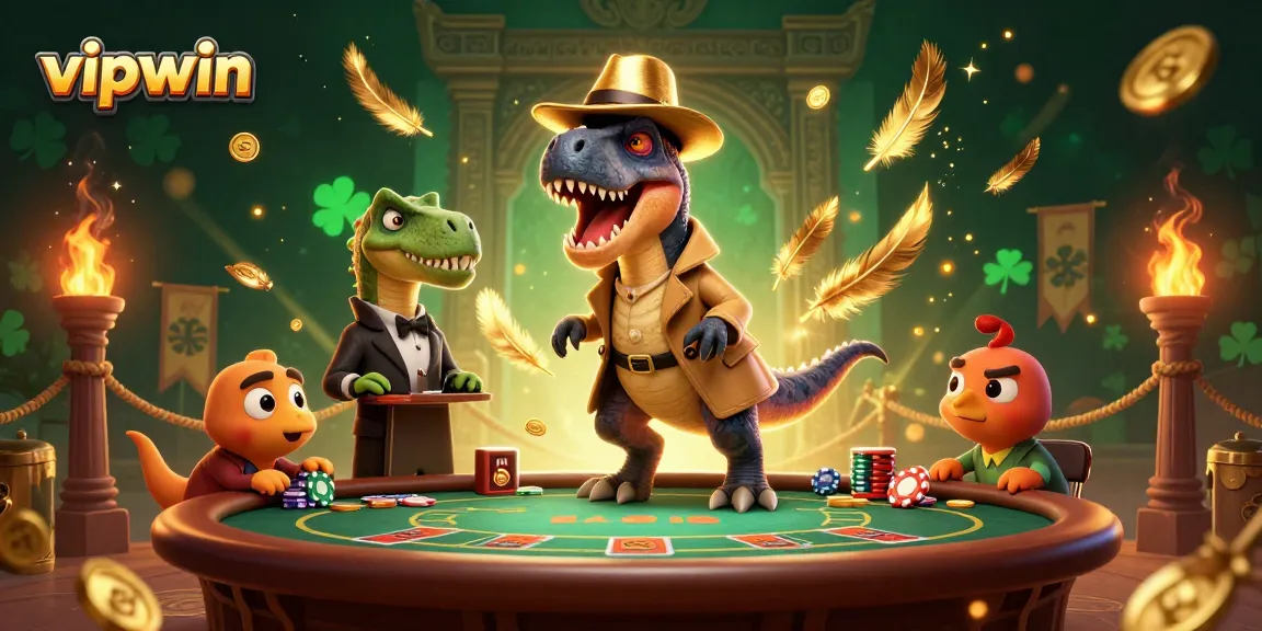 Experience thrilling action at vipwin with a velociraptor sneaking chips at a blackjack table surrounded by dynamic casino elements.