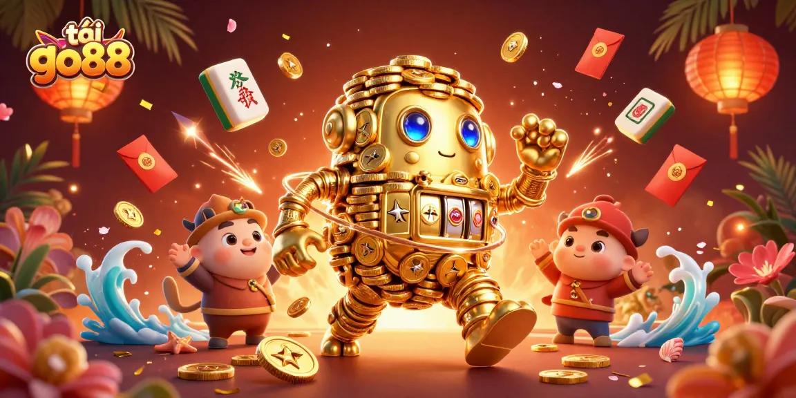 Experience excitement with tải go88 in an ultra-detailed 3D casino scene featuring ancient golden golems and vibrant game elements.