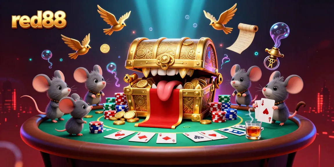 Experience thrilling gameplay with red88 as adventurer mice discover a golden treasure chest in a vibrant casino scene.