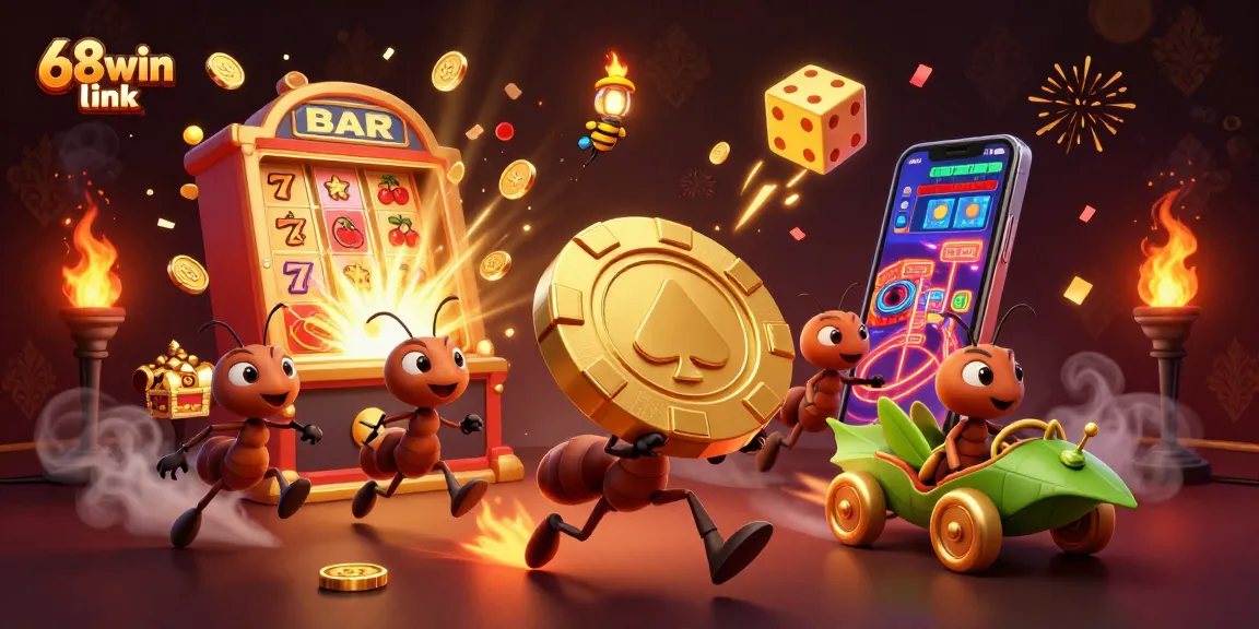 Experience the thrill with 68win link as a team of ants heist a giant poker chip in a vibrant casino scene.