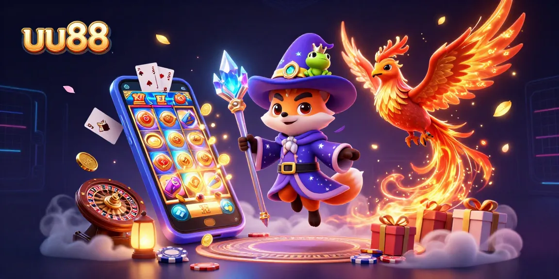 uu88 unleashes thrilling slot action with a mystical fox and fiery phoenix in a vibrant casino scene.