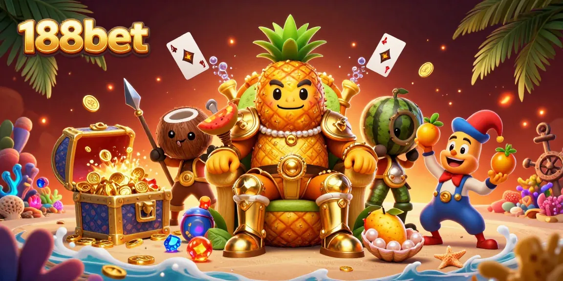 Experience the excitement of 188bet's vibrant casino scene with a golden pineapple king and lively characters