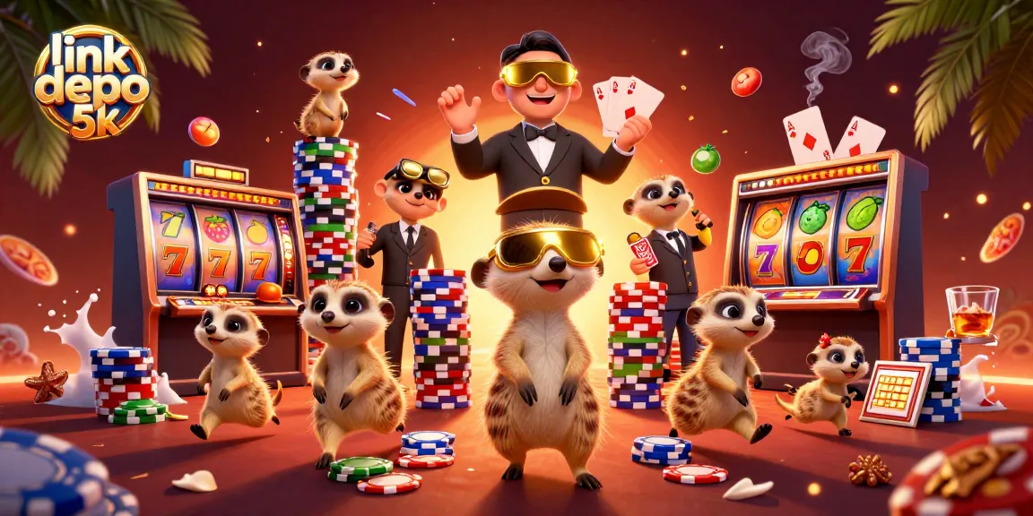 Experience the excitement at link depo 5k with cartoon meerkats managing a vibrant casino scene.