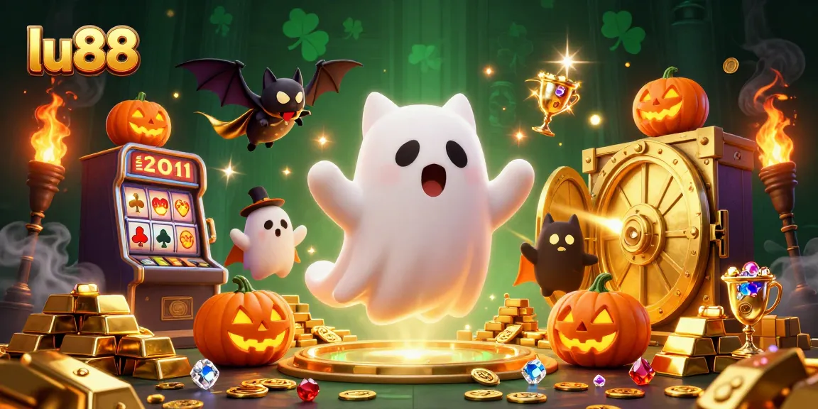 Engage with exciting jackpots at lu88 as a friendly ghost cat navigates a haunted casino.