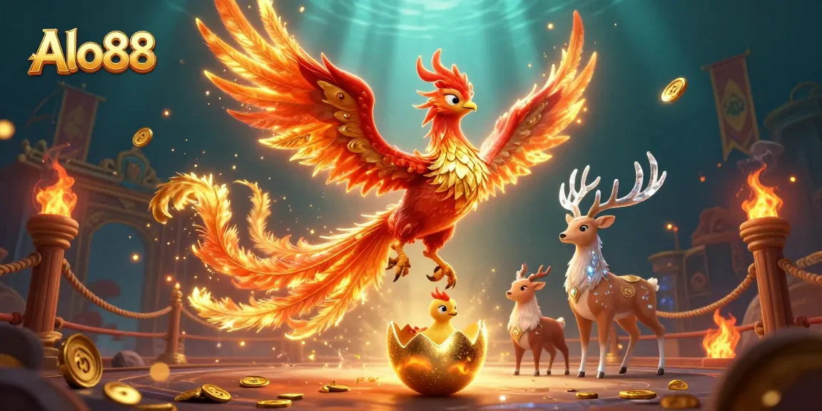 Experience thrilling gameplay with Alo88 as a majestic phoenix soars among golden coins and magical elements.