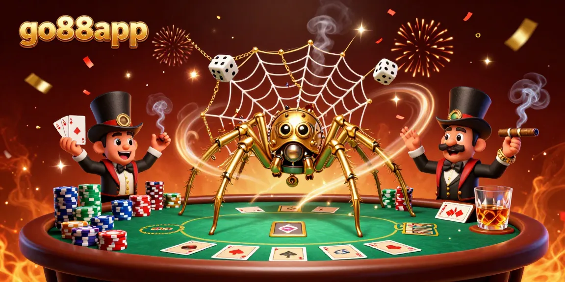 Experience go88app's thrilling gaming with an intricate steampunk spider web capturing dice.