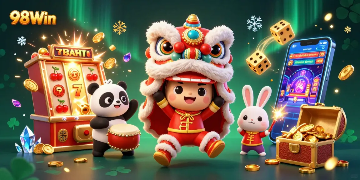 Experience the thrill of slots at 98Win with a vibrant casino illustration celebrating wins and excitement.