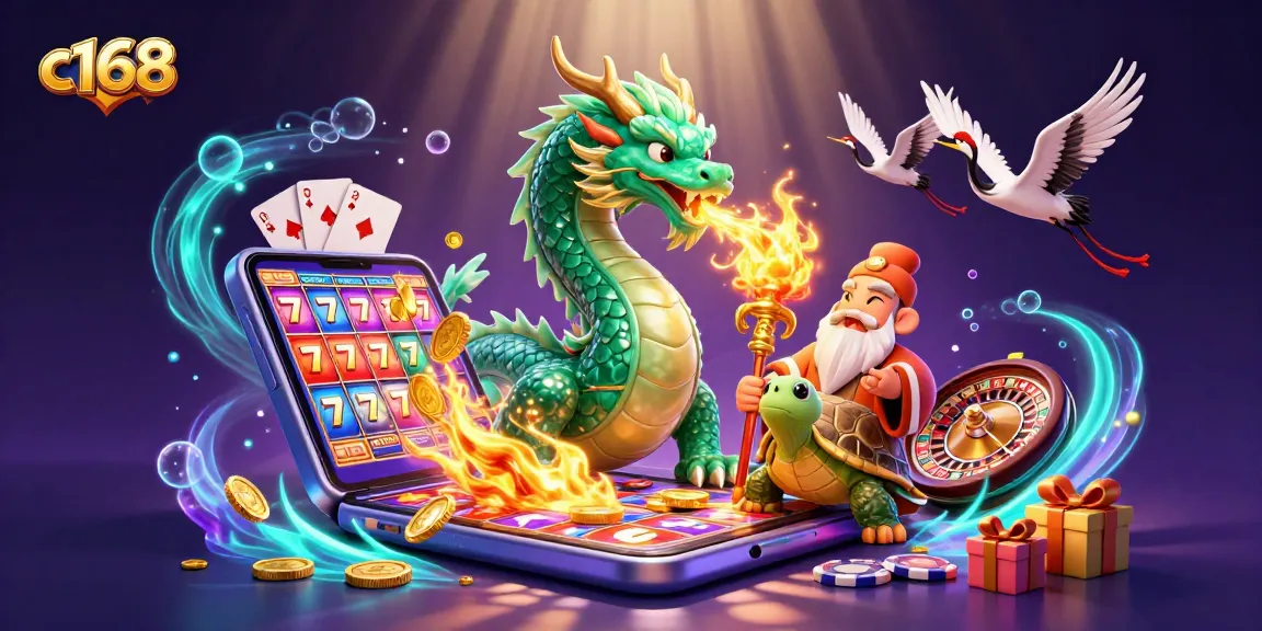 Experience thrilling slot games with c168 featuring a dragon and wise sage amidst golden coins.