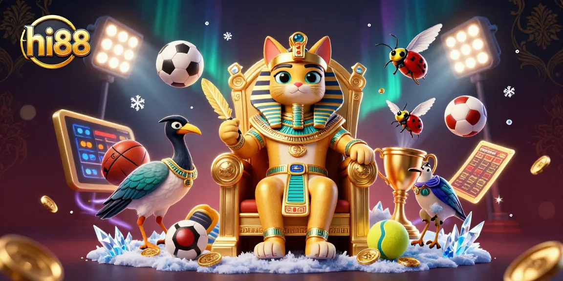 Engage with hi88's vibrant casino experience featuring dynamic sports elements and a pharaoh cat.