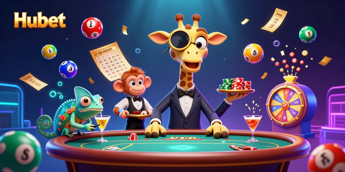 Spin and win at Hubet with vibrant slots, colorful lottery balls, and a festive casino scene.